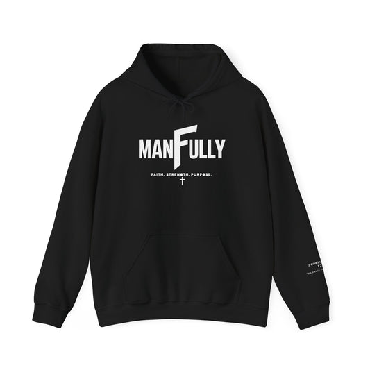 ManFully Faith Strength & Purpose Hoodie | Christian Men's Heavy Blend Sweatshirt | Grace Is Sufficient 2 Corinthians 12:9 Scripture Sleeve